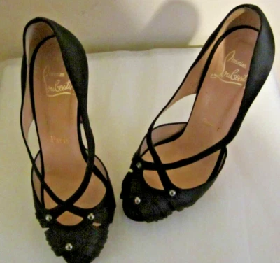 CHRISTIAN LOUBOUTIN Women's Black Satin Peep Toe High Heels Pump Shoes Size 6 - Image 1 of 4
