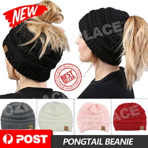 Women Tail Messy Soft Beanie Bun Hat Ponytail Stretchy Knitted Crochet Skull AU - Picture 1 of 14
