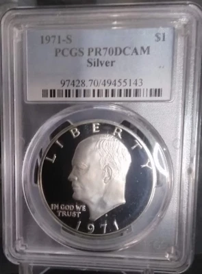:1971-S $1 EISENHOWER SILVER DOLLAR PCGS PR70DEEP CAMEO CONTRAST RARE R3 TOP POP - Image 1 of 4