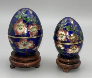 Vintage Chinese Cloisonne Home Decor Egg Oriental Metal Set of 2 Wooden Trays - Picture 1 of 7