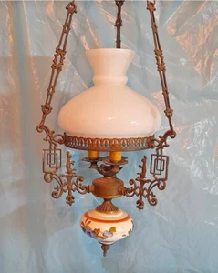 antico elegante lampadario in bronzo dorato ceramica paralume opalina x salotto - Picture 1 of 10