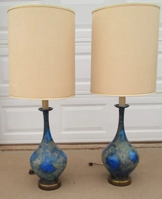 Par de lámparas de cerámica esmaltada azul botella Genie Helmut Bruchman tonos de cáscara naranja Foto 1 de 4