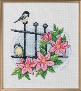 Birds on Fence with Flowers - Permin of Copenhagen Kit w/8 Ct. Aida New - Picture 1 of 1