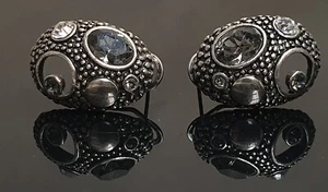 Pair of Rhinestone and Silver Metal Earrings Black Enamel Ovoid Shape Lever Back - Picture 1 of 7