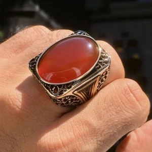 Sterling Silver Big Mens Ring Carnelian Agate Turkish Handmade Statement Jewelry - Picture 1 of 8