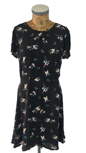 RED HERRING DRESS 14 BLACK PINK GREEN FLORAL Chiffon Midi Summer Fit & Flare - Picture 1 of 17