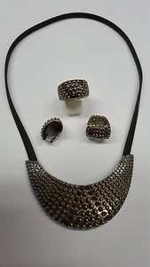 Pierre Lang Ohrringe Ring Collier mit Kautschuk PL Ruthenium OVP 326 Euro - Picture 1 of 3