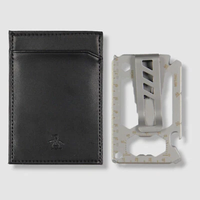 Original Penguin Para Hombres Cuero Negro Portatarjetas de Identificación Estuche Billetera y Clip para Dinero. Foto 1 de 3