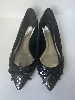 Karen Millen Tachonado Arco Glamour Motociclista Cuero Negro Ballet Puntiagudo Zapatos Planos 7 Foto 1 de 4