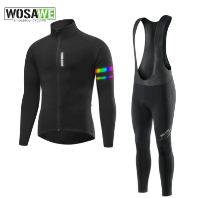 WOSAWE Winter Mens Cycling Sets Thermal Fleece Jersey Pants Road Warm Outfits - Image 1 of 4