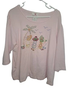 Quacker Factory Pink Beaded Tee w/ Besties Beach Scene Size XL - Picture 1 of 5