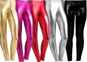 LADIES WOMEN'S GIRLS Disco Metallic Shiny Pants Dance Leggings Footless 8-26 - Picture 1 of 7