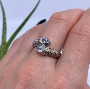Anello con pietre preziose naturali acquamarina e zaffiro, argento 925, placcato oro, 8,5US - Foto 1 di 7