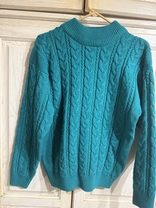 VTG Carriage Court Chunky Cable Knit Fisherman Sweater Size M Crew Neck Teal - Picture 1 of 7