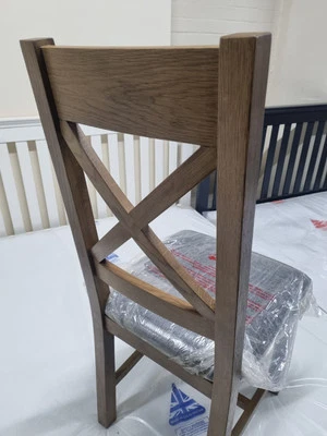 New 4 x Assembled Solid Rustic Oak Cross Back Dining Chairs *Furniture Store* - Image 1 of 4