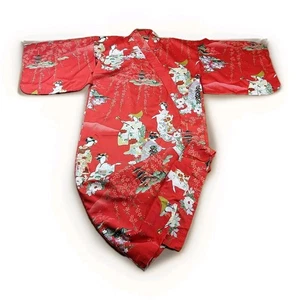 Japanese Kimono 'HOUMONGI' Polyester Red Traditional Artwork Vintage - Picture 1 of 13