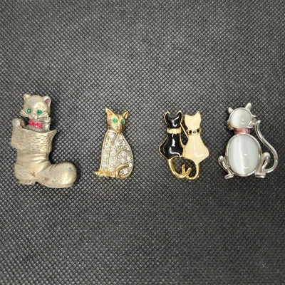 Cat Brooch/ Pin Bundle Of 4 Moonstone, Black & White Enamel Gold Tone Green Eye  - Image 1 of 4