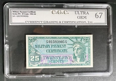 Military Payment Certificate (MPC) Series 591, 25 Cents -CGC Ultra Gem 67 - Image 1 of 2