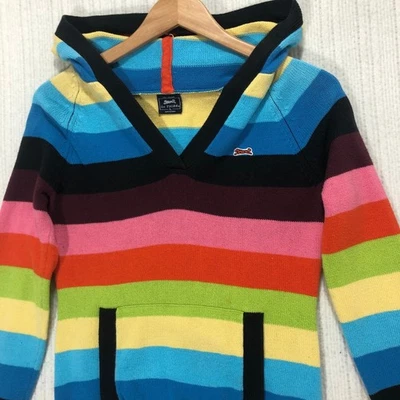 Le Tigre Womens Hooded V Neck Striped Knit Sweater Rainbow Pullover Top - Image 1 of 4