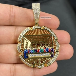 Last Supper Iced Pendant 14K Gold Plated Enamel Religious + Steel Rope Chain - Picture 1 of 10