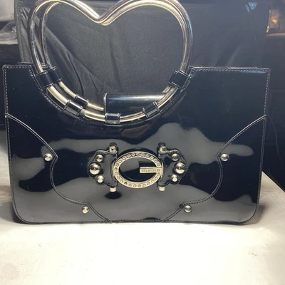 Y2K Guess Black Patent Leather Bag W Metal Heart Handles And Rhinestones. Used - Image 1 of 4