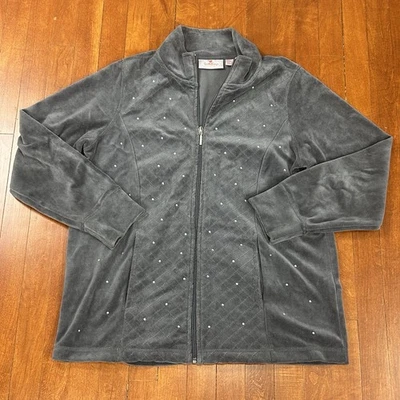 Quacker Factory QVC Womens Small Short Gray Velour Track Jacket Rhinestone - Image 1 of 4