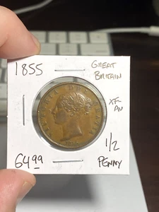 1855 Great Britain 1/2 Penny Young Victoria - Picture 1 of 2