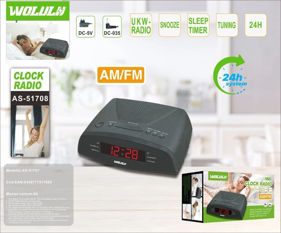 x WOLULU AS-51708 Radiosveglia AM/FM con Snooze Timer Sonno Display 24h - Immagine 1 di 1