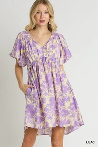 Umgee Lilac Two Tone Floral Print Short Dress w/ Bubble Smocked Sleeve Detail - Picture 1 of 3