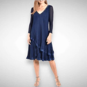 Komarov Beaded V Neck 3/4 Sleeve Chiffon Charmeuse Blue Midi Dress Size Small - Picture 1 of 10