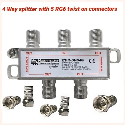  tv antenna splitter industry standard 4 way quality f type with 5 x RG6 twiston - Image 1 of 4