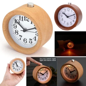 Wooden Analog Alarm Clock Non Ticking Bedside Table Desk Snooze w/ Night Light - Picture 1 of 15