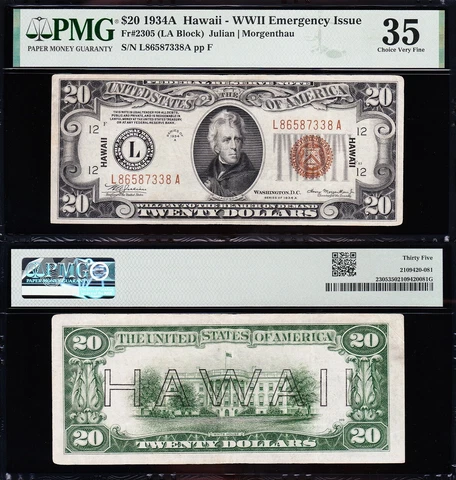 AWESOME Crisp Choice VF++ 1934 A $20 HAWAII Fed Reserve Note PMG 35! L86587338A Cover