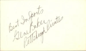 Tarjeta índice Gene Baker Piratas de Pittsburgh d.1999 firmada/autografiada 3x5 162557 - Imagen 1 de 1