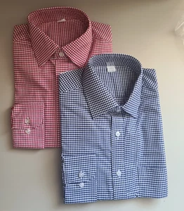 EX-HIGH STREET REG FIT BAUMWOLLTWILL HEMDEN DOPPELPACK ROT & BLAU GINGHAM KARIERT - Bild 1 von 6