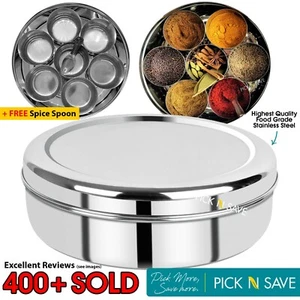 *9pc* Authentic Indian Spice Box Tin | Masala Dabba |Spices Storage | FREE Spoon - Picture 1 of 18