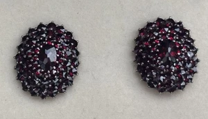 Victorian c.1880 Bohemian Garnet Cluster-Dome Earrings Gold Filled & Gilt Silver - Picture 1 of 21