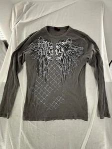 Vintage MMA Elite Hemd Herren Large grau Thermo Waffel Strick Totenkopf/Kreuz Grafik Y2K - Bild 1 von 9