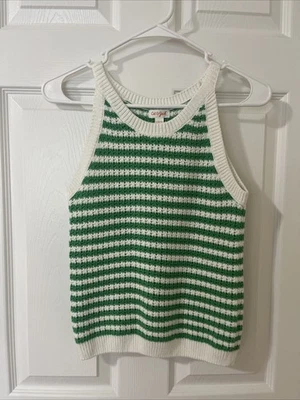 Cat & Jack Girls' Top Knit Shirt  Size L Sleeveless Round Neck Green and White  - Image 1 of 4