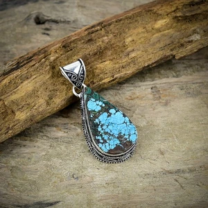 Tibetan Turquoise Gemstone 925 Sterling Silver Jewelry Pendant 2.25" e632 - Picture 1 of 4