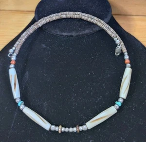 Amerikanische Ureinwohner Sterlingsilber Verschluss Muschel Knochen & Türkis Halskette Halsband 17" - Bild 1 von 6