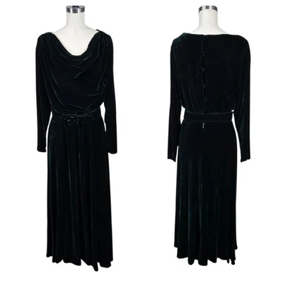 VTG Gillian Velvet Midi Dress sz 6 Green Silk Rayon Blend Belted Holiday Evening - Image 1 of 4