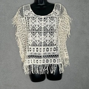 Cato Womens Large Crochet Fringe Boho Top Cream Cotton Festival Hippie Chic - Picture 1 of 8