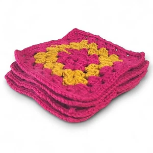 Set Of 4 Handmade Crocheted Washcloths/Dishcloths Pink/Goldenrod Approx. 5"x 5" - Picture 1 of 4