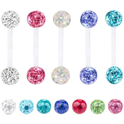2X Clear Silicone Bar Crystal Tongue Barbell 16-38mm Industrial Nipple Piercing - Image 1 of 4