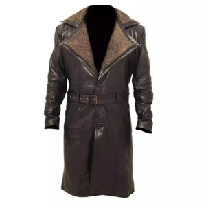 Men German Brown Leather WW2 Style Fur Collar Long Trench Coat with Belted Waist - Picture 1 of 3