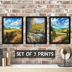Rural Elegance Art Set Of 3 Prints Countryside Landscapes View From Open Window - Picture 1 of 3