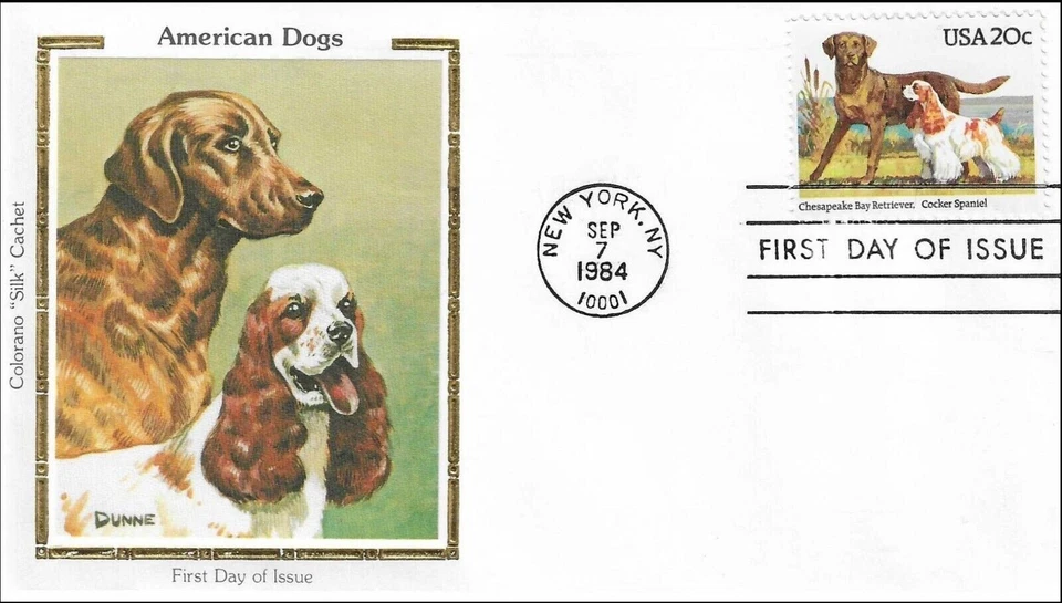 Chesapeake Bay Retriever Cocker Spaniel Perros EE. UU. Seda Colorano FDC 1984 Foto 1 de 1