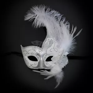 Silver/White Feather Elegant Swan Masquerade Ball Mask Mardi Gras Women Mask - Picture 1 of 4