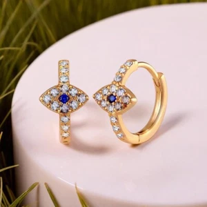 Stunning Gold Evil Eye Huggie Hoops, Clear Micro Pave with Cubic Zirconia Stone - Picture 1 of 4